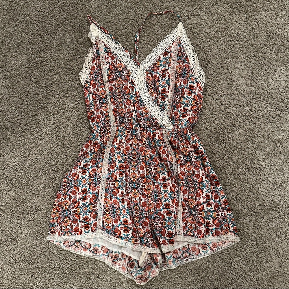 Astr Multicolor Boho Lace Trim Romper